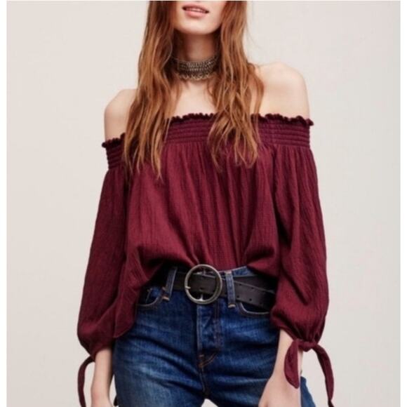 Free People “Lexington” Red Off-Shoulder Blouse – Size L – Boho Casual – GUC - Picture 1 of 10